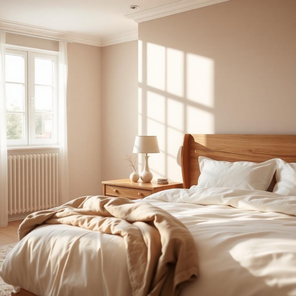 Serene bedroom with warm white bedding and oak nightstand