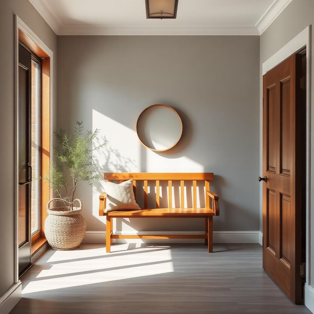 Welcoming entryway with a warm wood bench and woven basket
