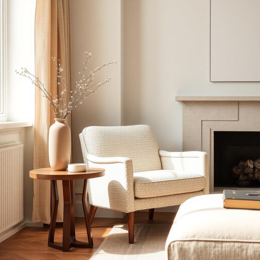 Living room detail with a cream boucle chair and wood side table