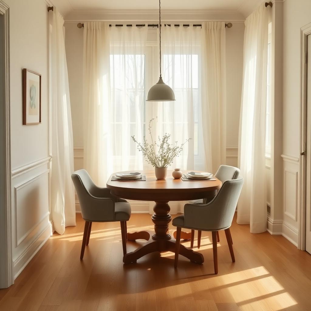 Dining nook with an oak table and sheer linen curtains